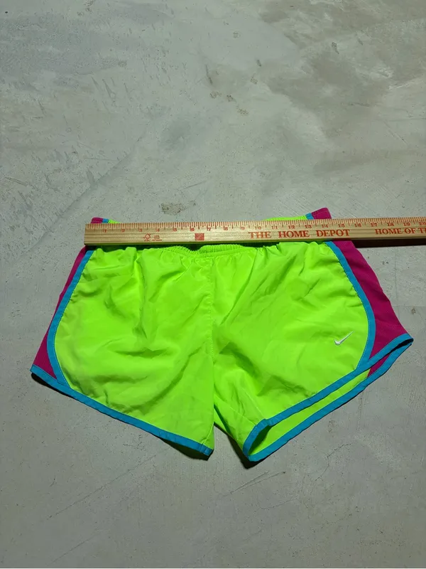 Nike Women's Neon Yellow-Green Running Shorts with Pink & Teal Trim large - Image 4