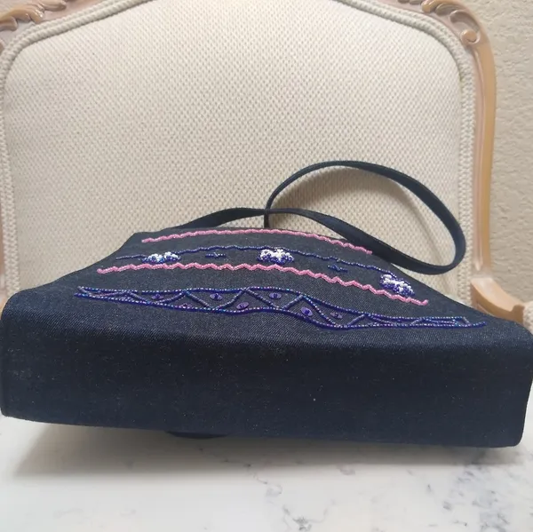 Vintage 90s Beaded Denim Shoulder Bag Blue - Image 5