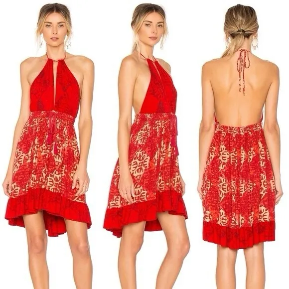 Free People Dress Beach Day Red And White‎ Halter Flowy Mini Boho Size L - Image 3