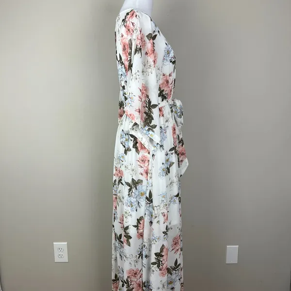 BALTIC BORN Maxi‎ Dress Womens Large White Floral Belted V-Neck Feminine Flowy L - Image 5