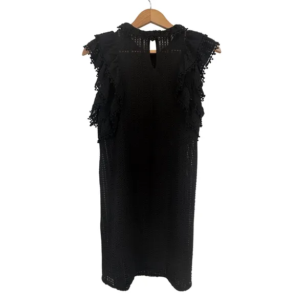 Sugar + Lips‎ Eyelet Ruffle Mini Dress Womens Small Black Pom Pom Trim STD10938 - Image 3