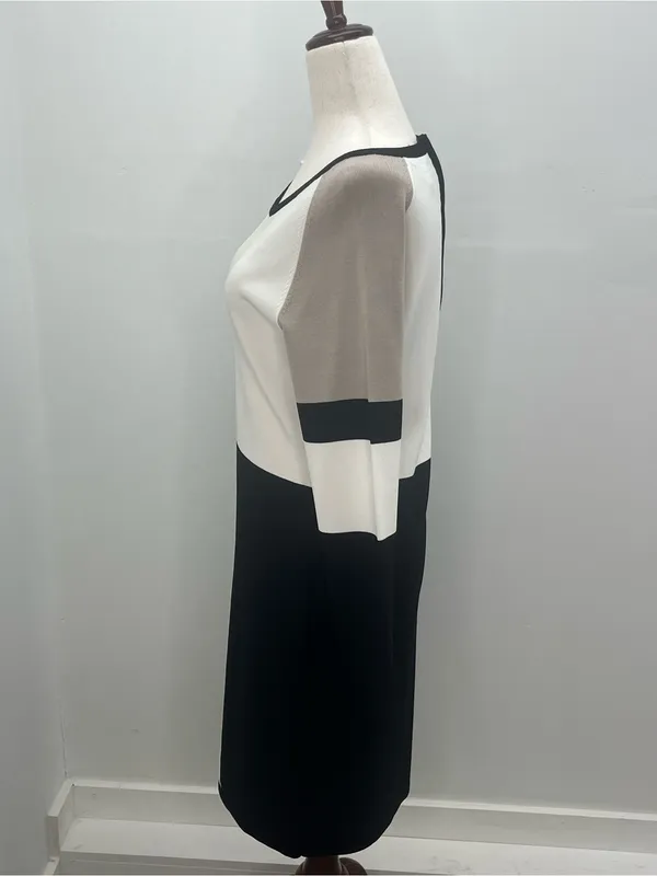Calvin Klein Black White Taupe Long Sleeve Colorblock Knit Midi Dress Medium - Image 4
