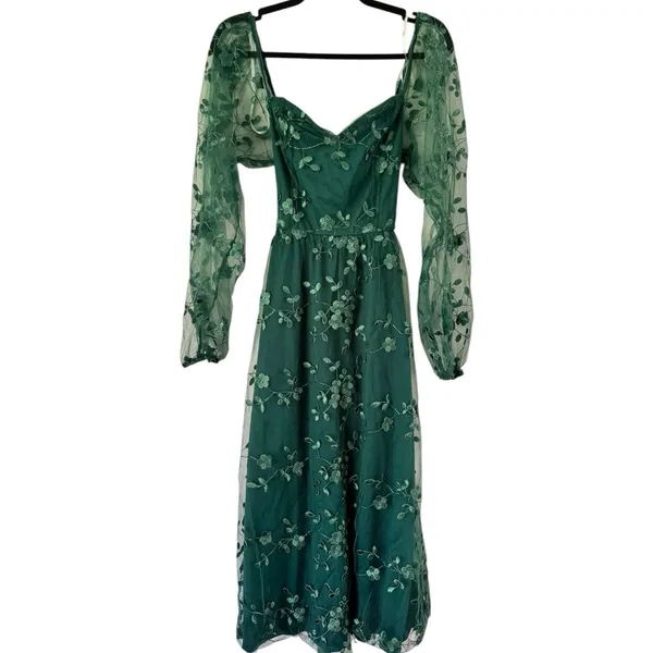 NWT Lulus Darling Charisma Emerald Mesh Embroidered Midi Dress Size Medium - Image 4