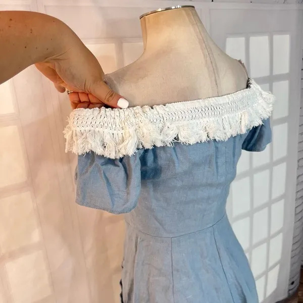 Reformation button down mini denim dress with white fringed off the shoulder nec - Image 5