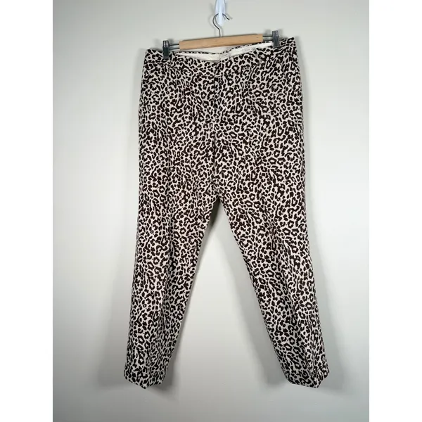 J.Crew Cafe Capri Pants Womens 10 Brown Leopard Print 100% Linen Tapered Cuffed‎ - Image 2