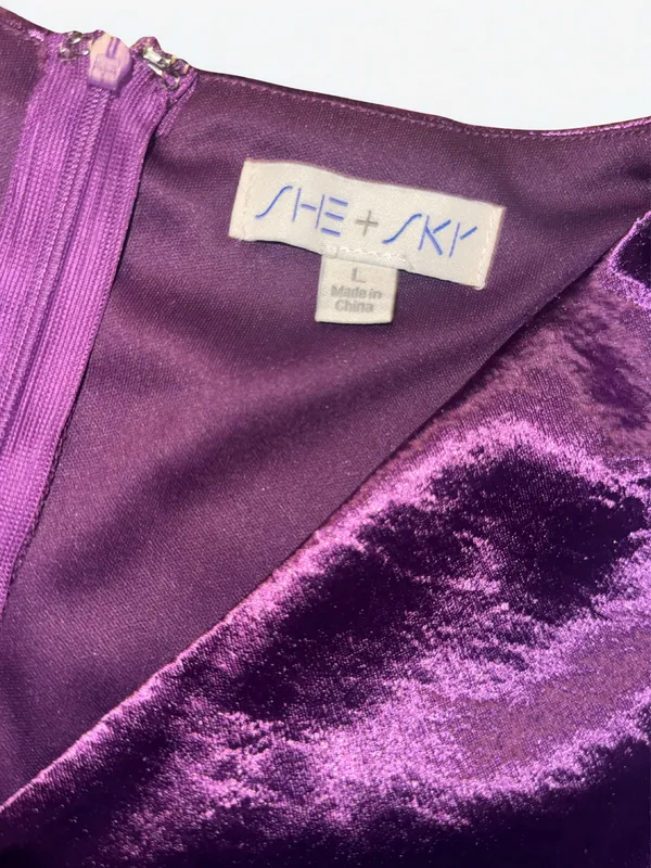 She + Sky Plum Purple Metallic Wrap Romper Long Sleeve Tie Waist Size L NWOT - Image 2
