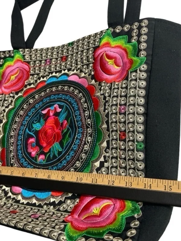 Guatemalan Embroidered Boho Floral Tote Bag Black Canvas Coin Trim - Image 10