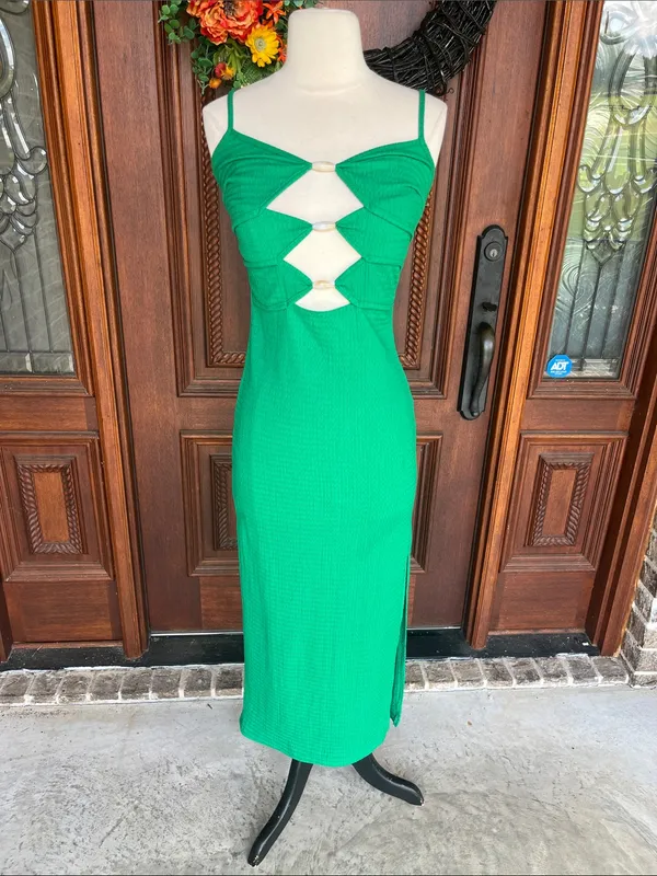 Green Cutout Maxi Dress with Spaghetti Straps - Image 3