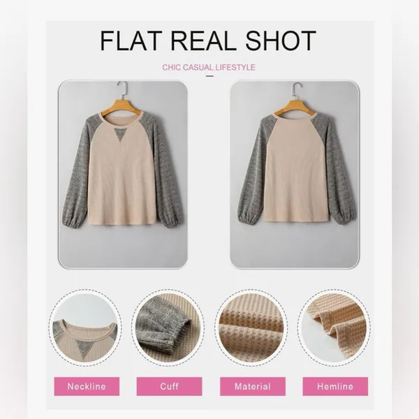 NEW Waffle Knit Tops Casual Crewneck Contrast Long Sleeve Shirt Loose Pullover M - Image 7