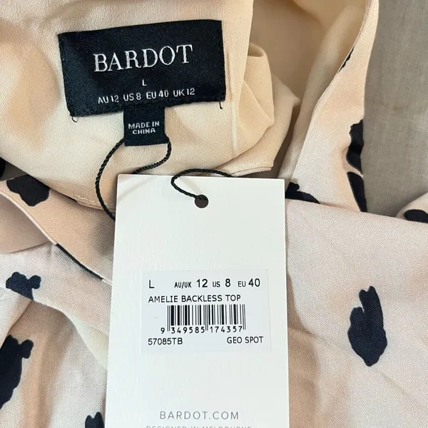 Bardot NWT Amelie Geo Spotted Puff Sleeve Open Back Blouse Size Large - Image 7