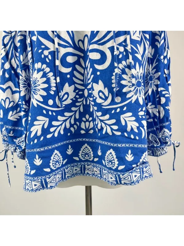NWOT John Mark Linen Blend Floral Smocked Sleeves Top Blouse Shirt Blue Size M - Image 4