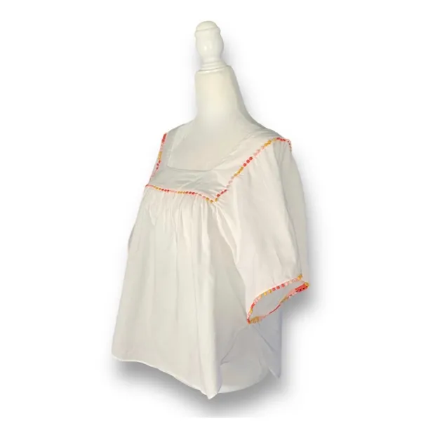 Madewell‎ White Cotton Pom PomTrim Blouse Medium Boho Festival Butterfly Top - Image 5