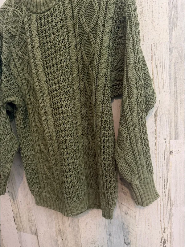 Vintage 90s Littlewood Green Cable Knit Sweater Women’s M Olive Fisherman - Image 5