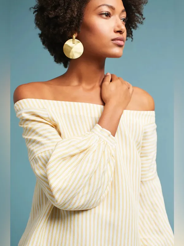 Maeve Anthropologie Clotille Off Shoulder Blouse Yellow Stripe Linen Blend Sz 14 - Image 6