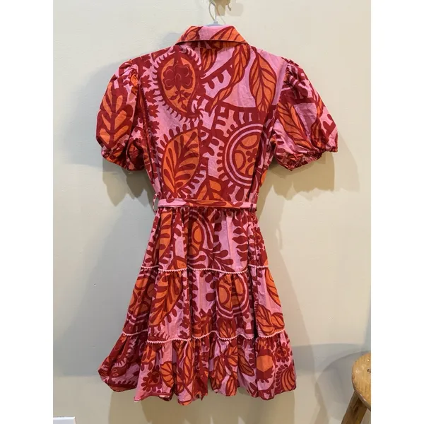 Kings Road Belted Tiered‎ Mini Dress Block Print Pink Red Size Small Shirtdress - Image 3