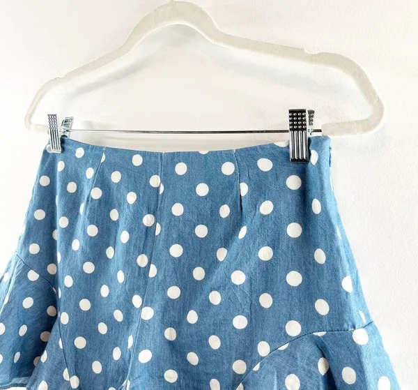 AQUA Polka Dot Ruffle Hem Flutter Denim Shorts Blue White Medium - Image 7
