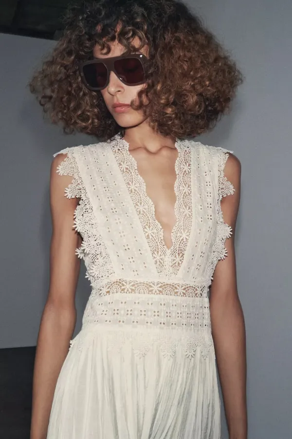 Zara Elegant Lace Trim Dress beads cream boho hippie summer beach - Image 5