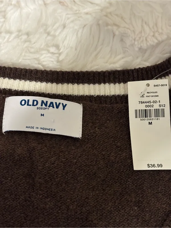 Old Navy Brown Cream V-Neck Varsity Stripe Sweater M NWT - Image 2