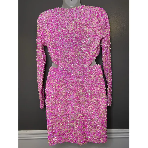 Petal + Pup Dress Womens Medium Pink Sequin Cutout V Neck Bodycon Mini Party - Image 5