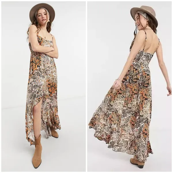 Free People Forever Yours Smocked Slip Maxi Dress Small Brown Black Floral Boho - Image 14