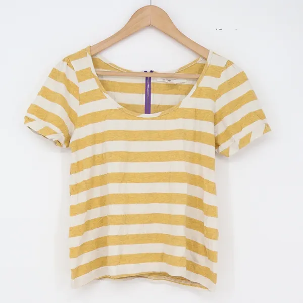 Camiseta T-Shirt Womens L Striped Yellow White Purple Back Zipper Casual Exc - Image 3