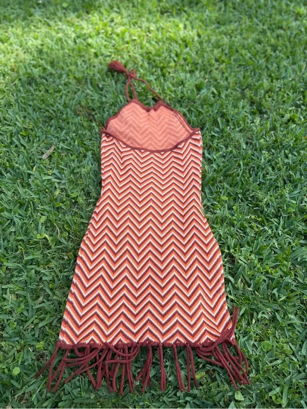 Lush Crochet Knit Halter Mini Dress Fringe Hem Boho Festival Size S - Image 8