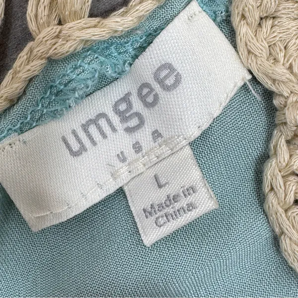 UMGEE Boho Peasant Crochet Fringe Hem Triangle Top‎ Teal Green Tan Large Hippie - Image 11