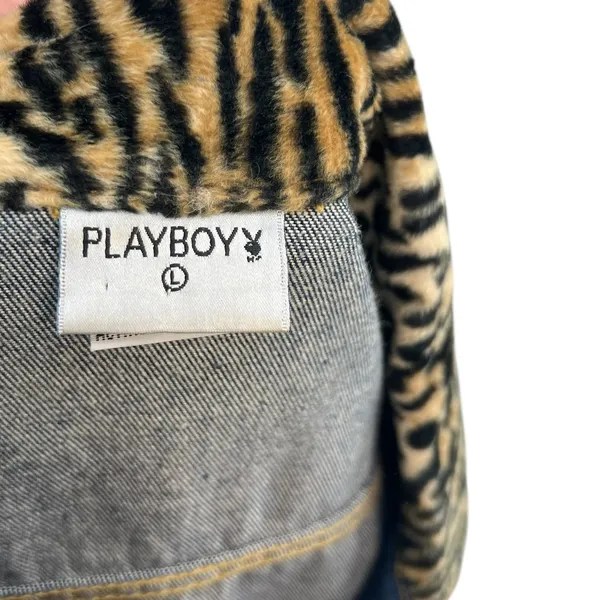Vintage Playboy Leopard Trim Denim‎ Jacket Y2K Cropped Jean Jacket Size Large - Image 12