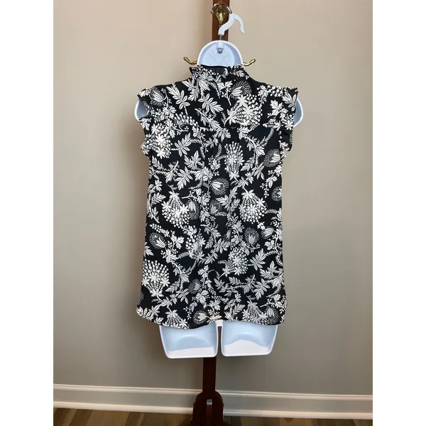 Loft Top Size S White Floral Mock Neck Ruffle Detail Flutter Sleeves - Image 3