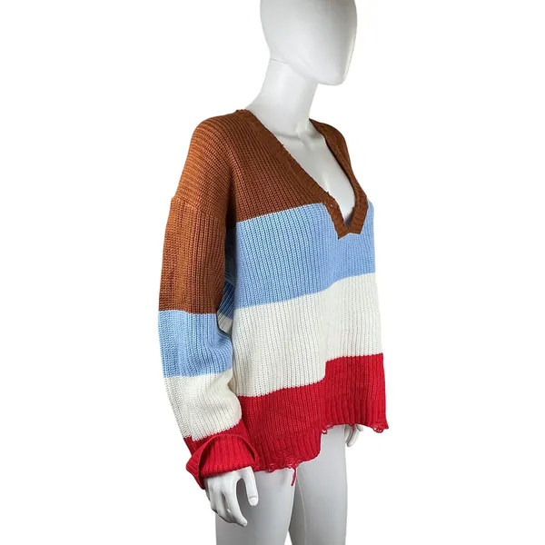 POL Striped V Neck Distressed Sweater‎ Size L Brown Blue White Red - Image 4