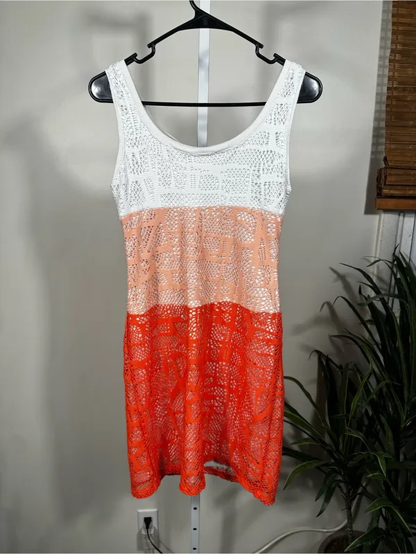 X288. ECI Crochet Colorblock Tank Dress in White, Peach & Orange - Image 3