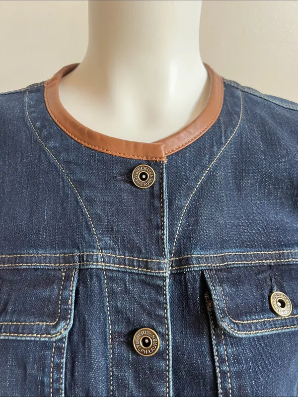 Lauren Ralph Lauren denim leather Collar-Trim Jacket - Image 4