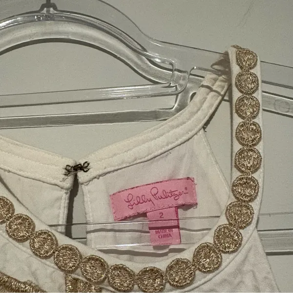 Lilly Pulitzer Parker Palm Shift Dress Resort Embroidery Halter white‎ gold 2 - Image 4
