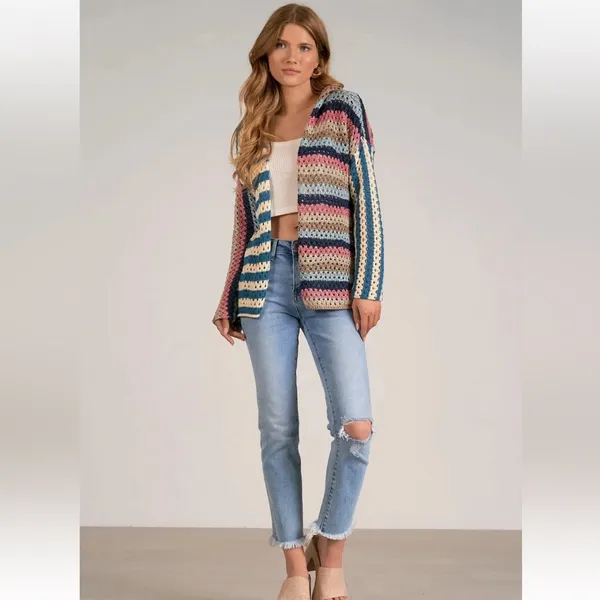 Elan Nara Crochet Blue Pink Multicolor Sweater Cardigan NWT - Image 2
