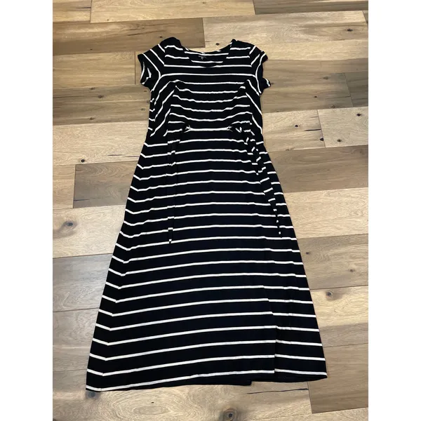 Garnet Hill Maxi Dress Size L Black Cream Striped Tie‑Front Short Sleeve - Image 4