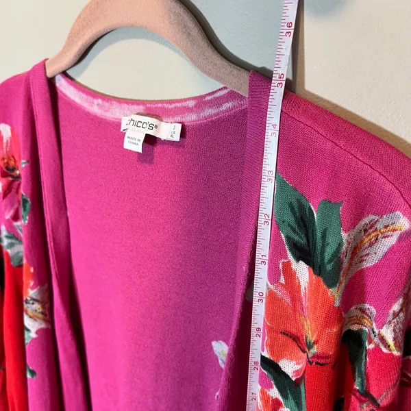 Chico's Floral Colorblock Open Front Cardigan Pink Red Longline Sweater XL‎ - Image 10