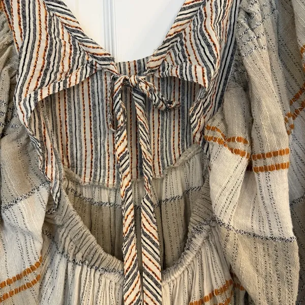 Free People Mini Dress Cozy Striped Puff‎ Sleeve Boho Fairy Sz S Open Tie Back - Image 8