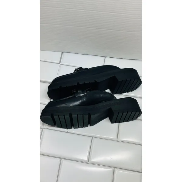 BP. Platform Loafer Mules Women 9.5 Black Excellent Chain Lug Sole Slip On Edgy - Image 9