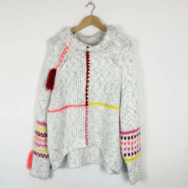 BDG Urban Outfitters Anissa Cream Knit Multicolored Fringe Mockneck Sweater - Image 5