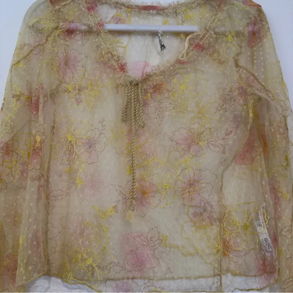 Free People Intimately Postcard From Paris Long Sleeve Top M Yellow Floral Lace - Image 12