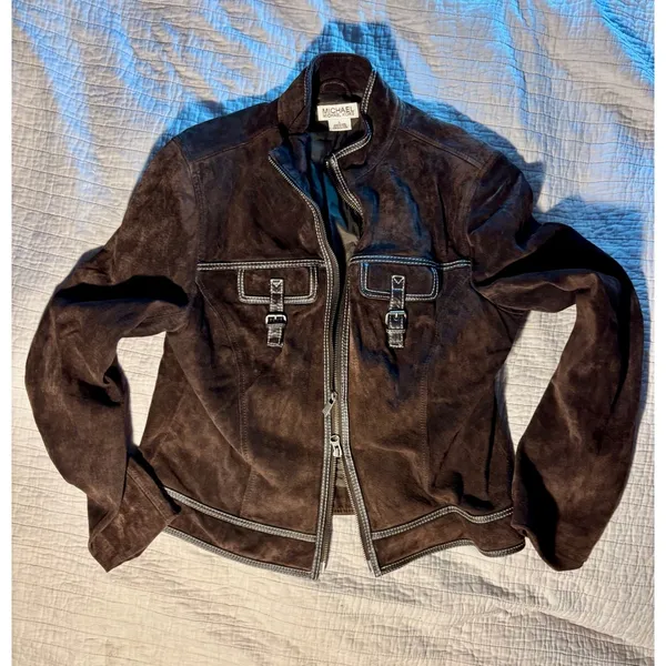 Michael Michael Kors Brown Suede Leather Jacket Contrast Stitch Buckle Large - Image 2