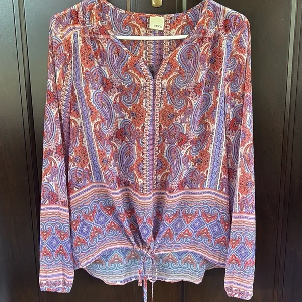 EUC ecru Paisley Print Drawstring Hem Blouse Large - Image 2