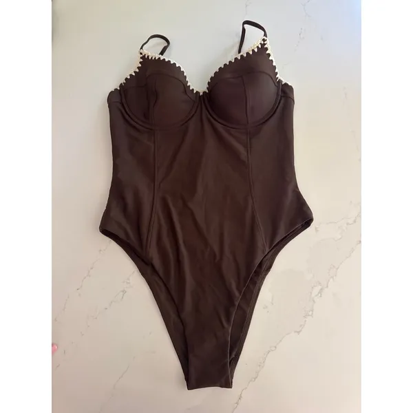 RAMY BROOK Addisyn Whipstitch One Piece Swimsuit in Brown Size Large - Image 4