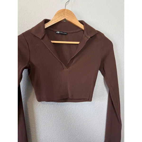 ZARA Brown Ribbed‎ Collared Long Sleeve Crop Top Shirt Women Size S - Image 3