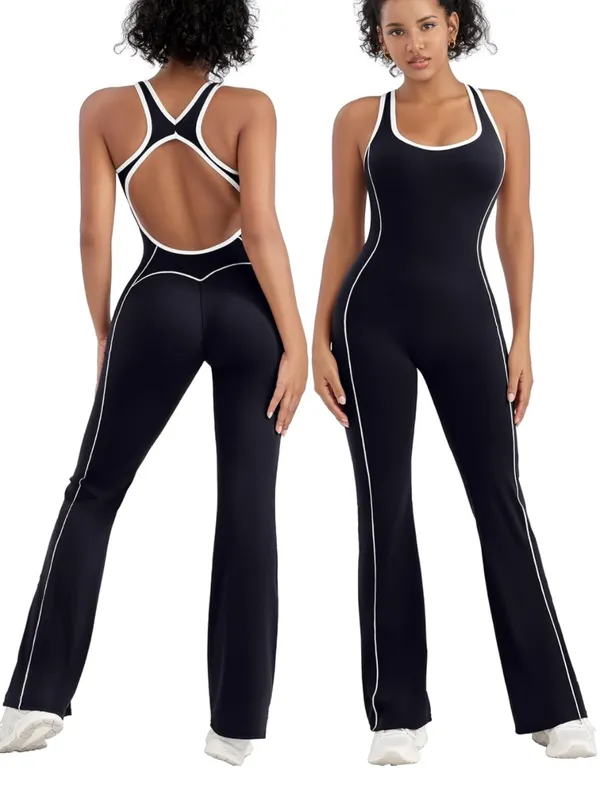 TDIFFUN Women Flare Jumpsuits Backless Workout- Black. Size M - Image 2