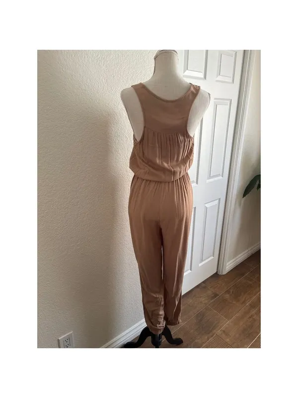 Iris Jumpsuit‎ Large Tan Brown Sleeveless Utility Jogger Button Front Rayon - Image 2