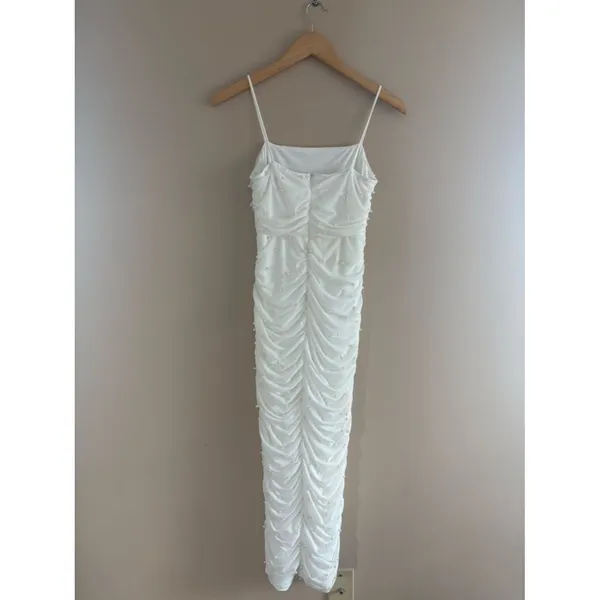 Lulus Toast to Romance White Ruched Pearl Bodycon Midi Dress Size Small Bridal - Image 5