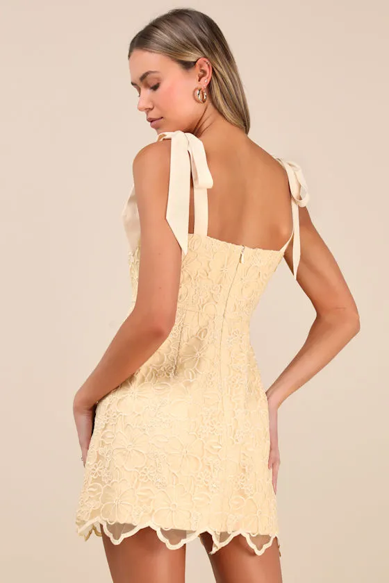 New Lulus Lovable Light Yellow Embroidered Tie-Strap Mini Dress Size XL - Image 2