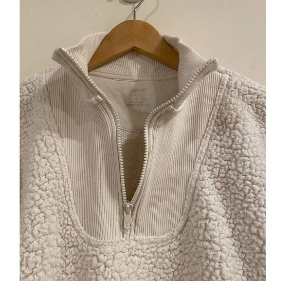Aerie Fuzzy Fluffy Soft Pullover Warm Quarter Zip Sweater Cream Women's Small - Image 5