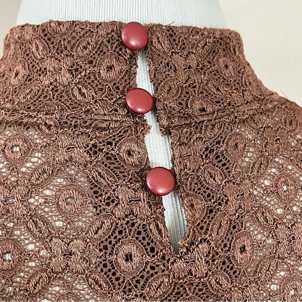 Manuela Semi Sheer Brown Lace/ Crochet Mock Neck Long Sleeve Top S - Image 6